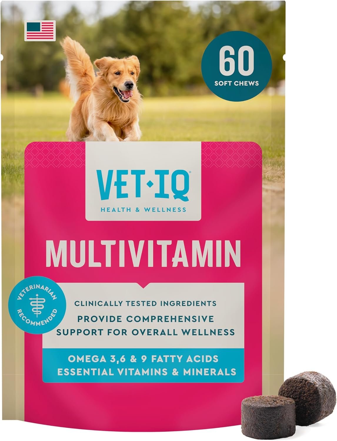 VetIQ Multivitamin Supplement for Dogs, Supports Active Brain Function, Immune System, and Digestive System, Hickory Smoke Flavored Dog Multivitamin, Made in the USA, 60 Count