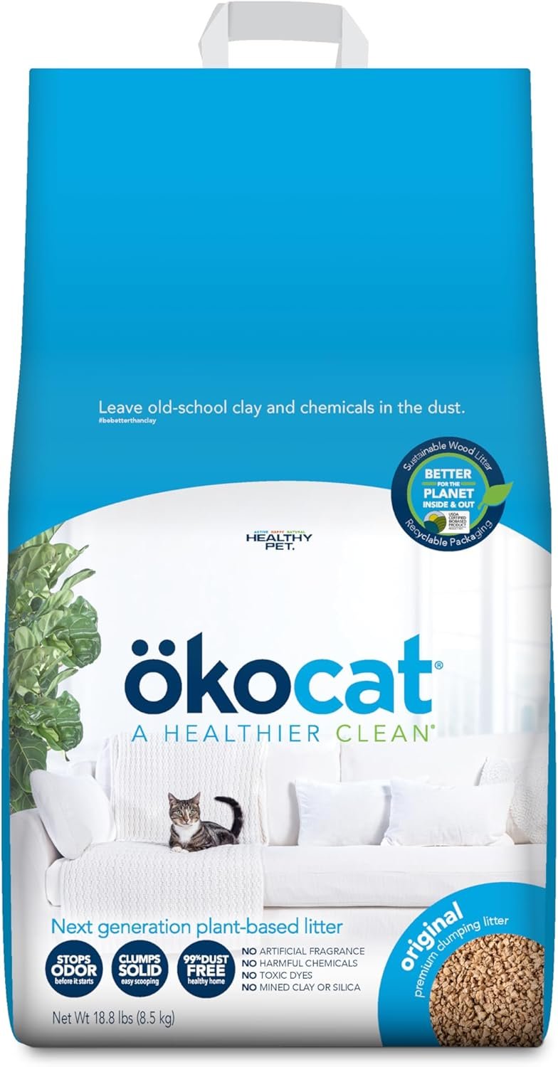 ökocat Original Wood Clumping Cat Litter, Unscented, 18.8 pounds – Natural Ingredients, Stops Odor, Clumps Solid, 99% Dust Free, Great for All Cats