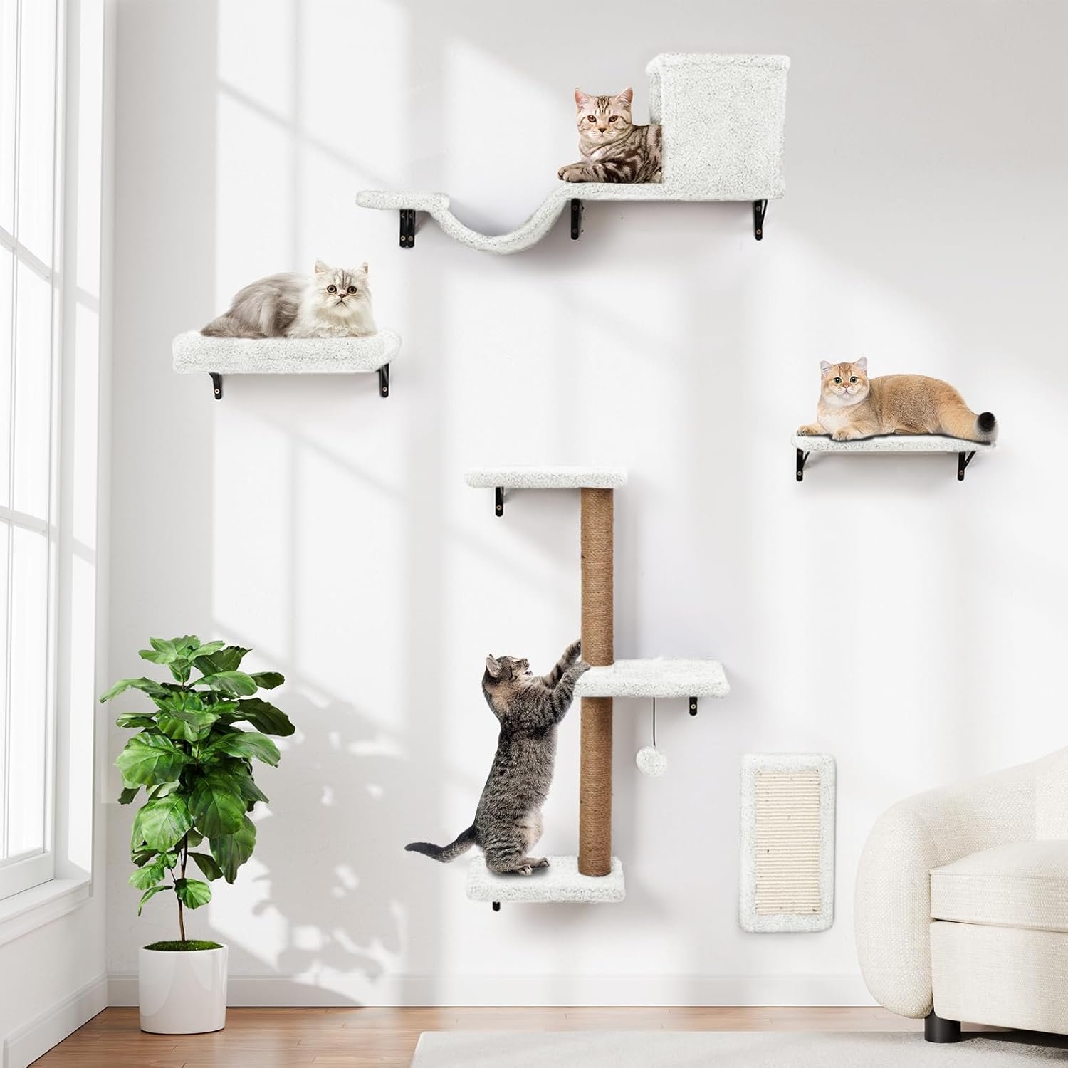 5-in-1 Cat Wall Shelves, Multi-Level Cat Climbing Furniture, Perch & Lounge for Indoor Cats, Space-Saving Wall Mounted Shelves for Play & Rest (Natural Wood) – White
