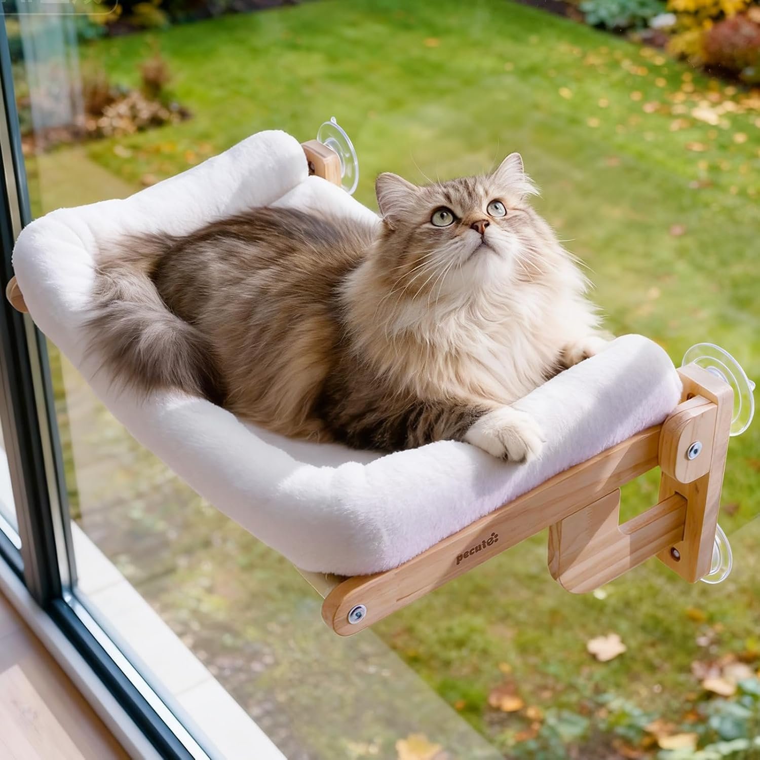 Pecute Foldable Cat Window Perch, Cloud-Soft Cat Bed with Solid Wood Frame, Strong Suction Cup, Washable Cushion, Stable Large Cats Hammock with Sided Bolster, Cats Perch Indoor for Sunbathing, 26″ L
