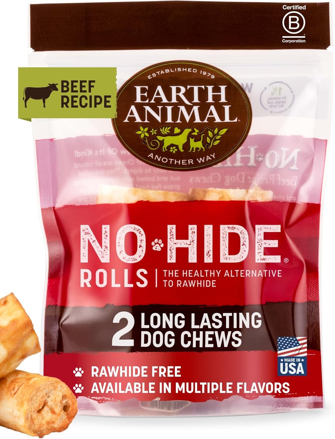 Earth Animal No Hide Chews – Long Lasting Rawhide Free Small Dog Chews Rolls, Beef – 2 Count