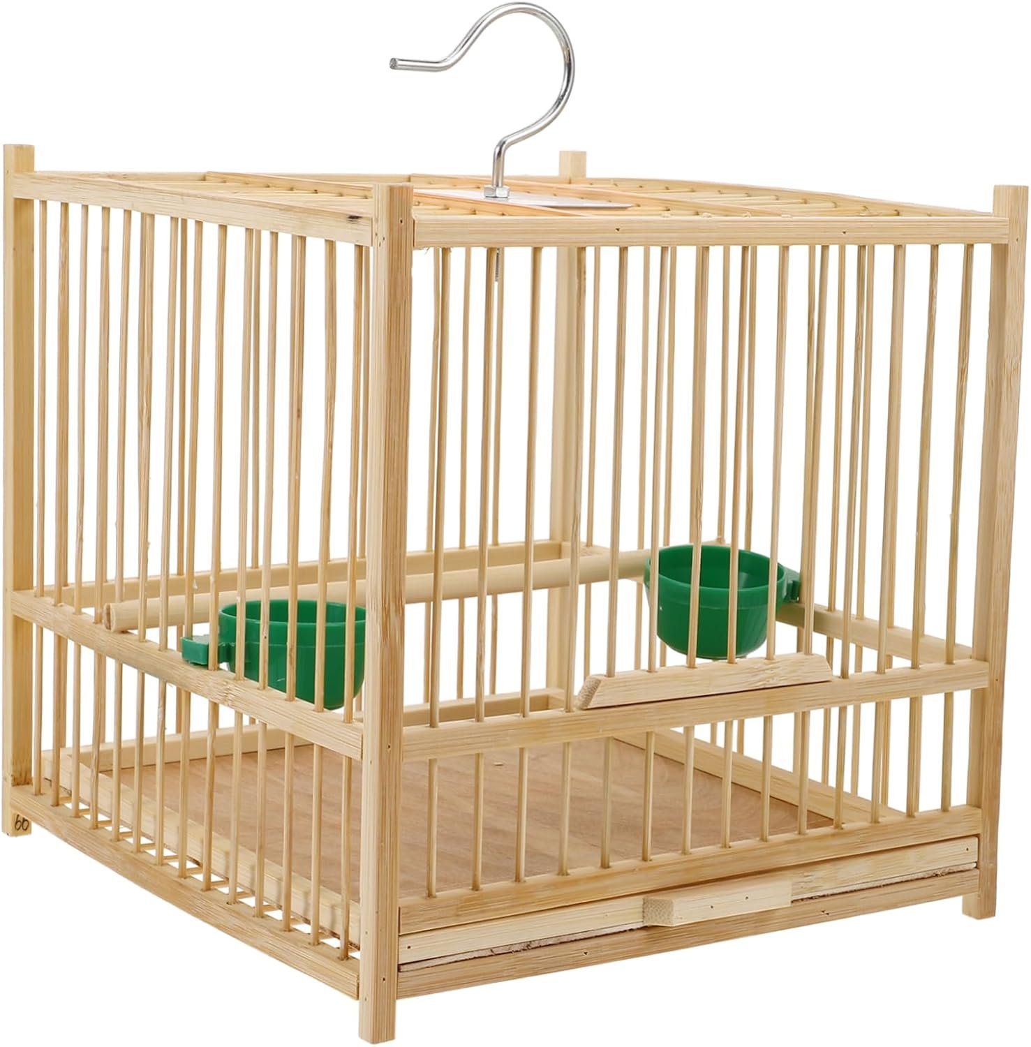 Milisten Bamboo Small Bird Cage with Hanging Hook for Parrots Indoor Outdoor Bird Keeping Cage with 2 Feeding Cups Spacious 8.07 Inch