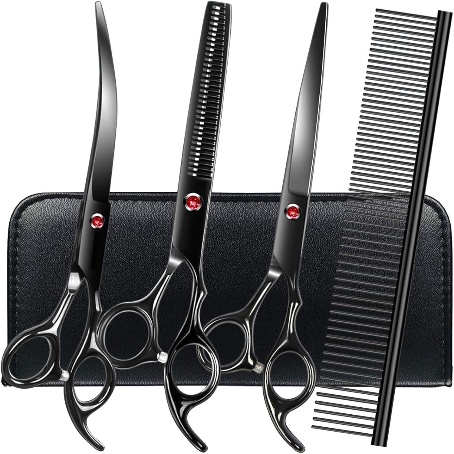FAIGEO Professional Dog Grooming Scissors Set Stainless Steel Dog Grooming Kit – Thinning, Curved Scissors and Comb for Cat Pet (Black 5 in1)