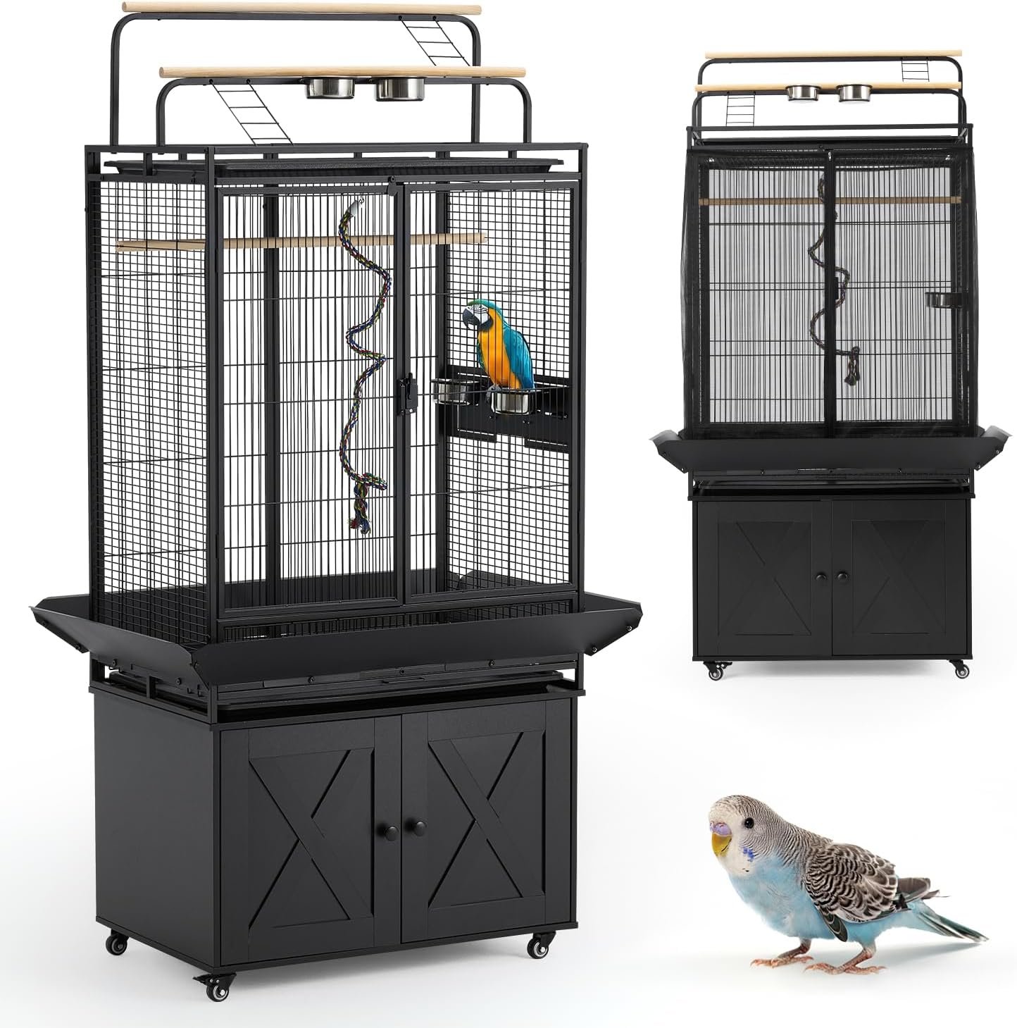 AVAWING 70-Inch Bird Cage with Play Top & Storage Cabinet, Tall Big Bird Flight Cage with Pull-Out Tray, Feeders, Cover, Stand, Rope, Metal Bird Aviary for Macaw Parakeet Cockatiel Budgie, Black