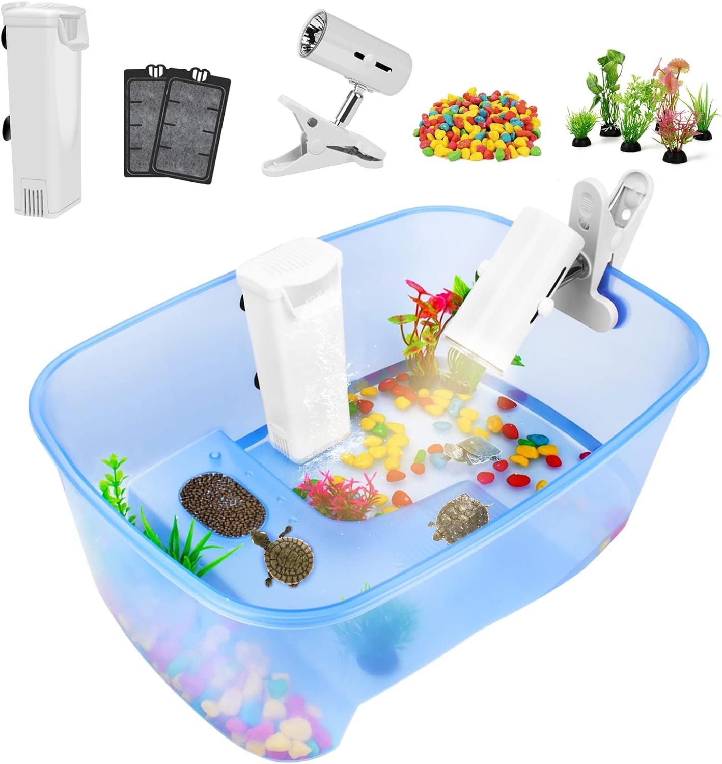 Rypet Baby Turtle Aquarium Tank Starter/ Accessories Kit – Reptile Terrariums Tortoise Habitat with UV Basking Light Lamp, Water Filter, Rocks, Small Plants for Frog Hermit Crab