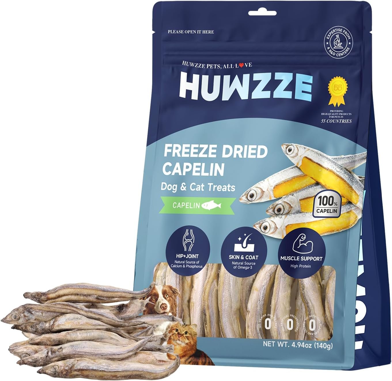 Freeze Dried Capelin Treats for Dogs & Cats, Single Ingredient Pet Fish Snacks, High Protein, Rich in Omega-3 for Skin Coat Health, Grain Free, 4.94 oz