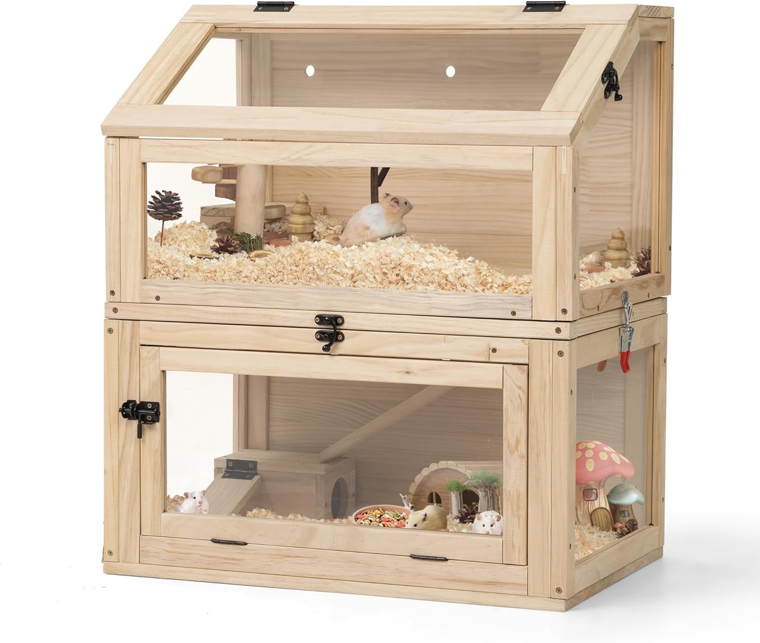 COZIWOW 2-Tier Hamster Cage, Large Rat Cage Hamster House with Ramps, Openable Top, Detachable Small Animal Cage for Hedgehogs, Gerbil, Mouse, Wooden Frame with Acrylic Panel, Natural
