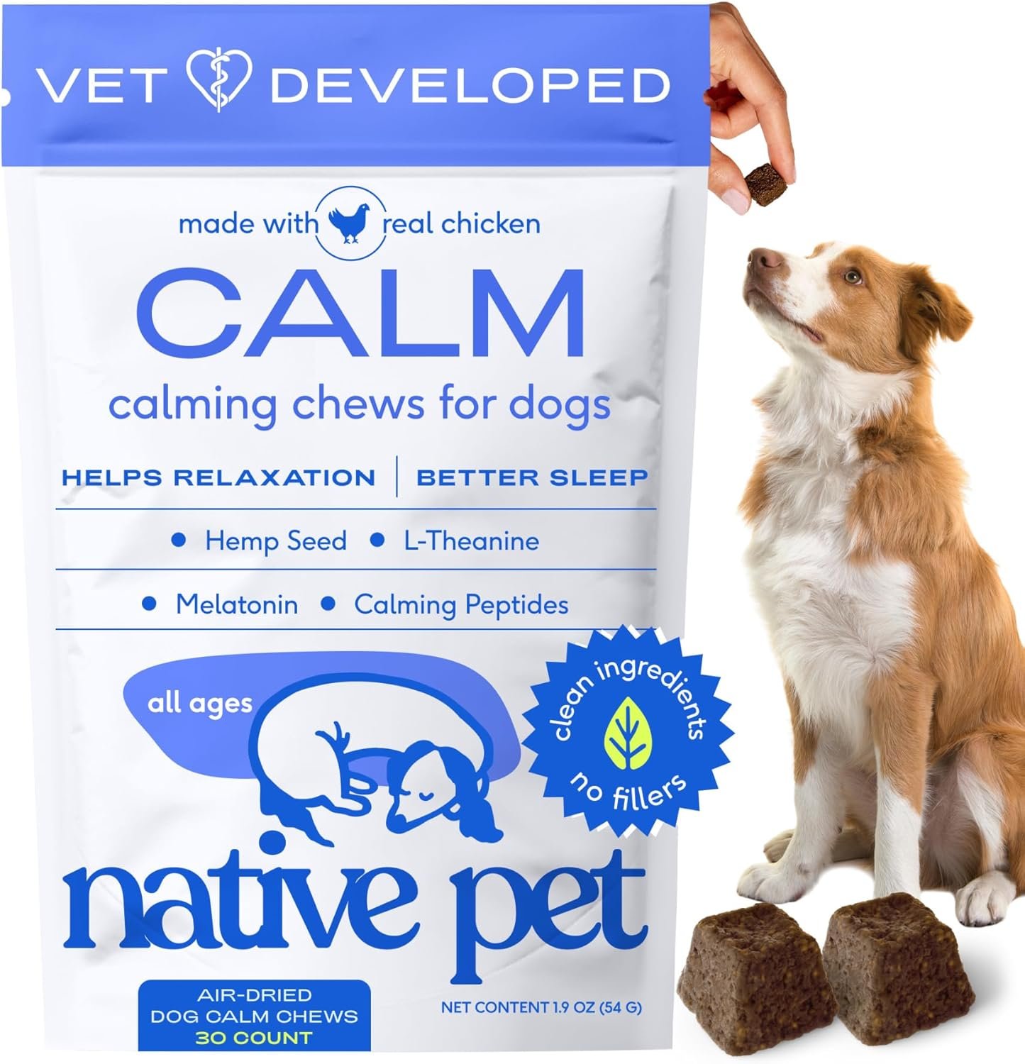 Native Pet Calming Chews for Dogs – Promotes Calming Effect, Supports Emotional Balance & Reduces Hyperactivity – Hemp Seed, Melatonin for Dogs, L-Theanine & Casein – Air-Dried 30 Chews