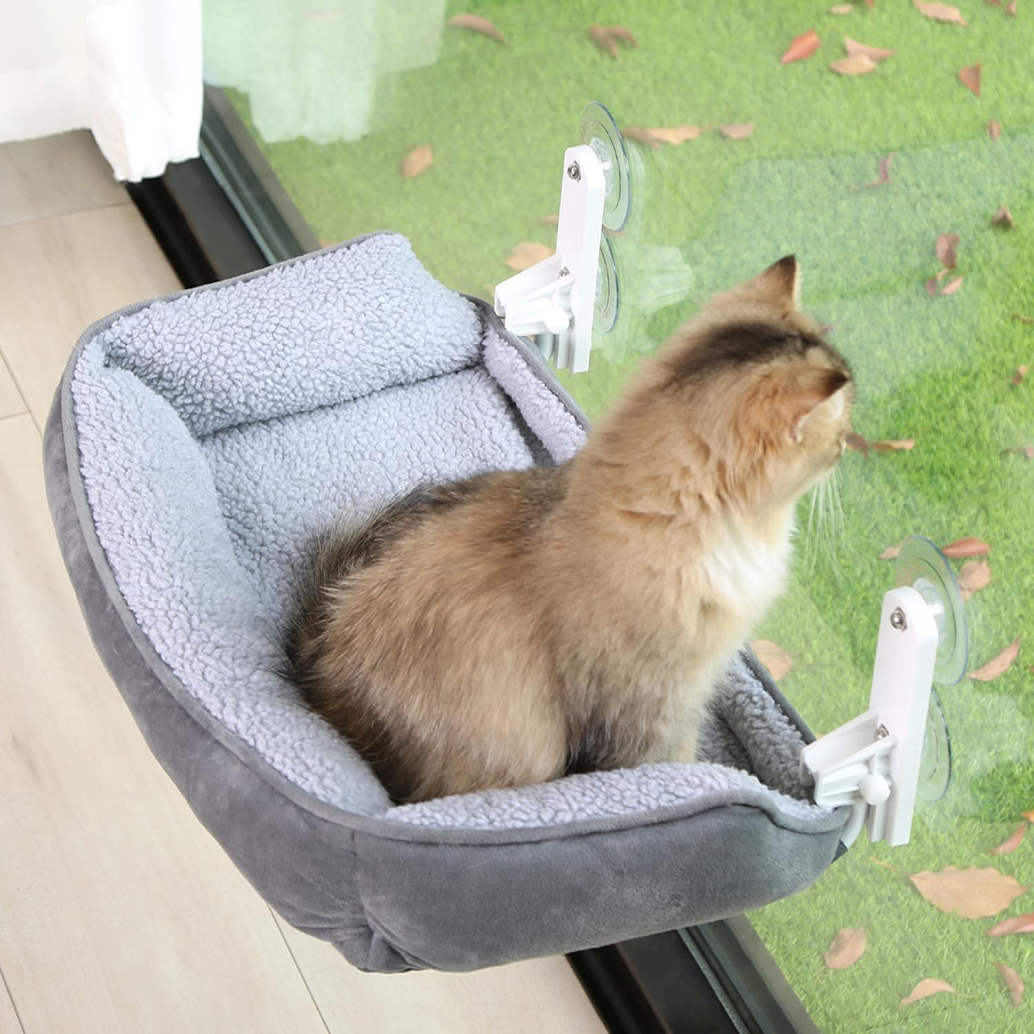 Zakkart Foldable Cat Hammock for Window with Bolster – Cordless, Fold-Up, Three-Side Bolstered Machine Washable Fluffy Bed, Robust Metal Frame – Cat Window Perch for Large Cats and Kittens – Gray