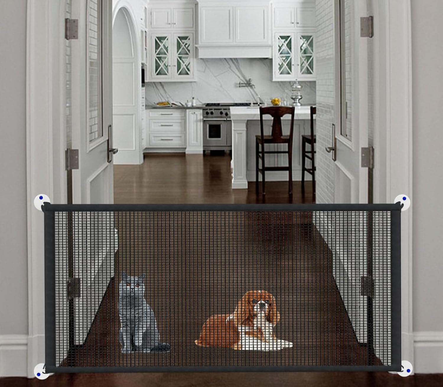 Magic Pet Gate for The House, 71.5″ W X 31″ H Portable Extra Wide Dog Gates for Doorways, Stairs, No Drill Durable Mesh Puppy Dog Safety Fence Guard, 6 Hooks