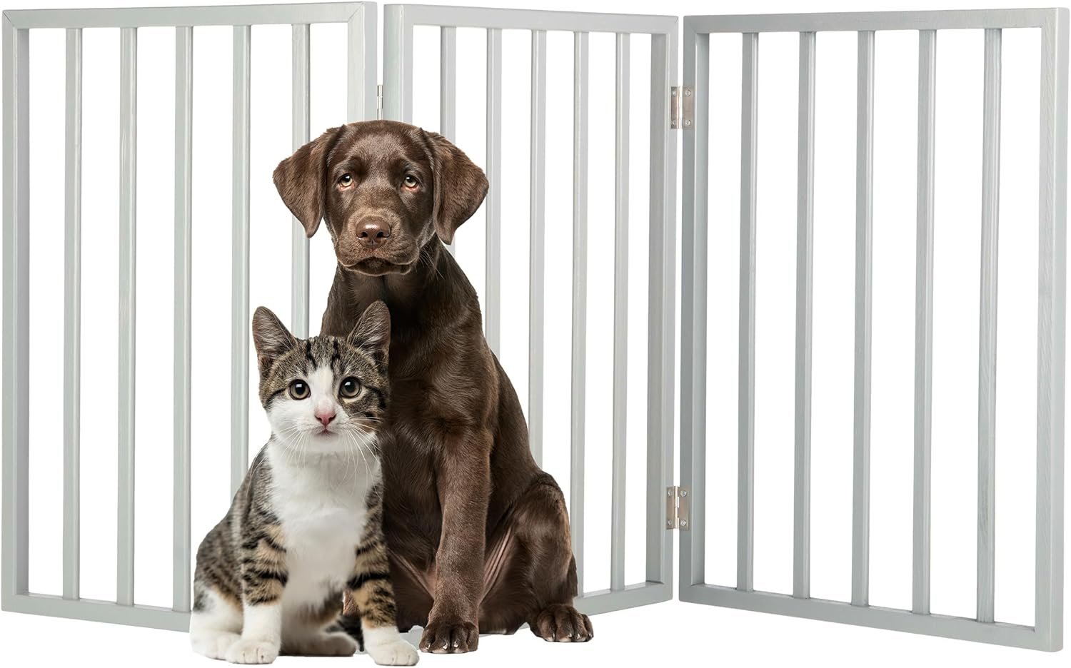 Pet Gate – 3-Panel Indoor Foldable Dog Fence for Stairs, Hallways, or Doorways – 54×24-Inch Retractable Wood Freestanding Dog Gates by PETMAKER (Gray)