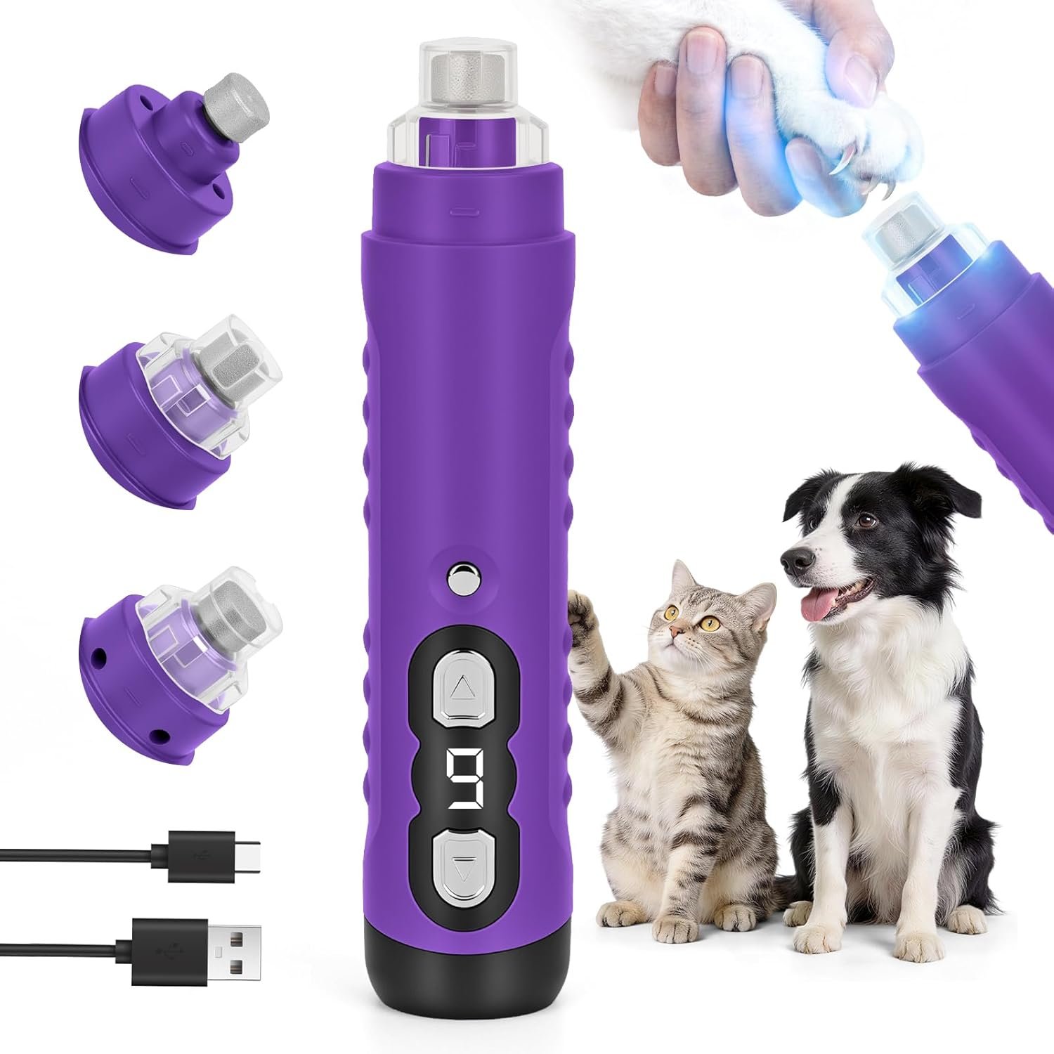 Dog Nail Grinder, 9-Speed Professional Quiet Electric Trimmer for Large Medium Dogs, with Quick Sensor Guard, 2 LED Lights, 2000mAh USB Rechargeable (Purple)