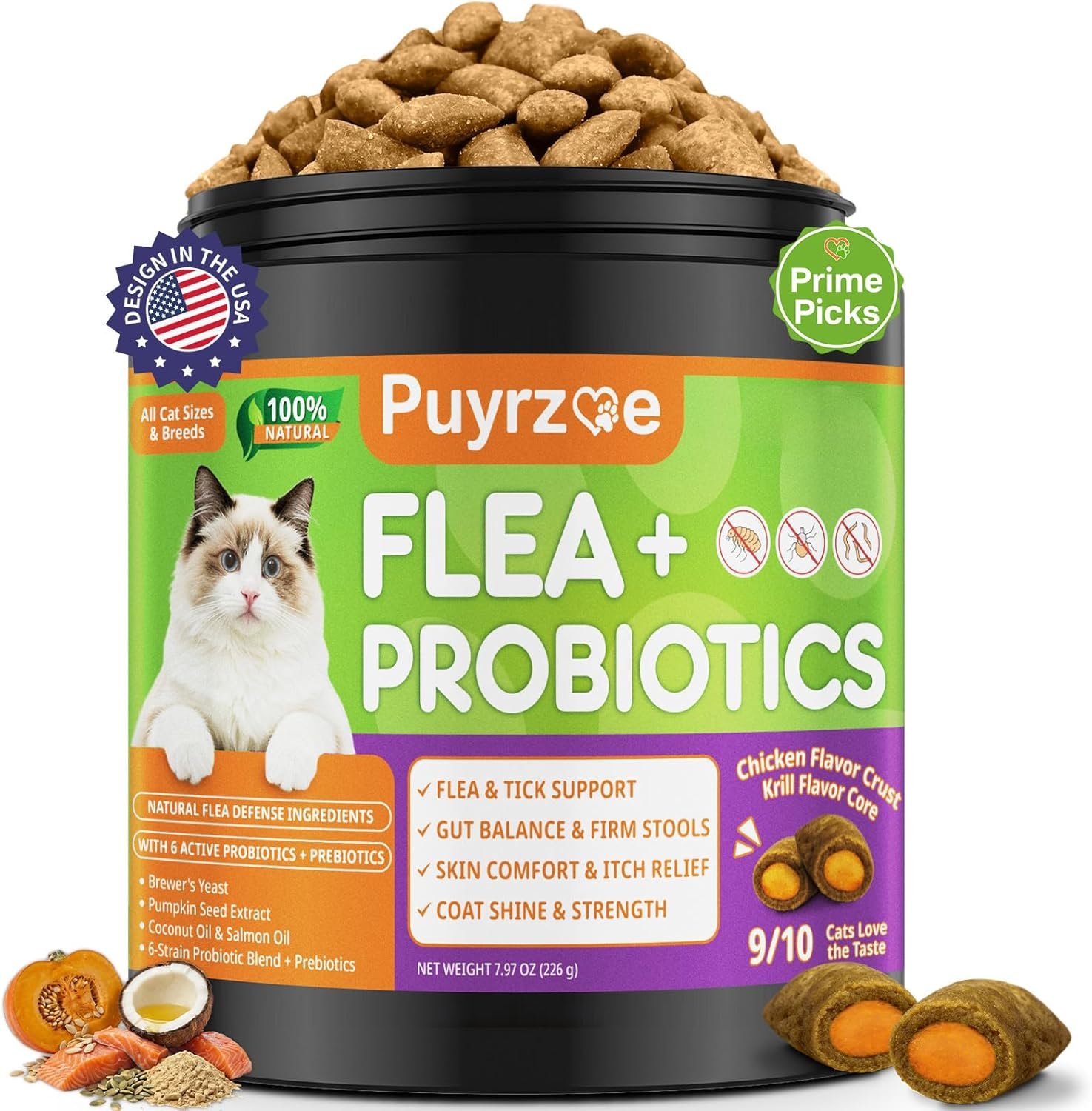 Puyrzoe Flea and Tick Prevention for Cats, Flea Treatment for Cats, Itch Relief, Skin & Coat Care, 500 Cat Flea Chews with 6-Strain Probiotics, Gut & Immune Health, Chicken Flavor, All Breeds & Ages