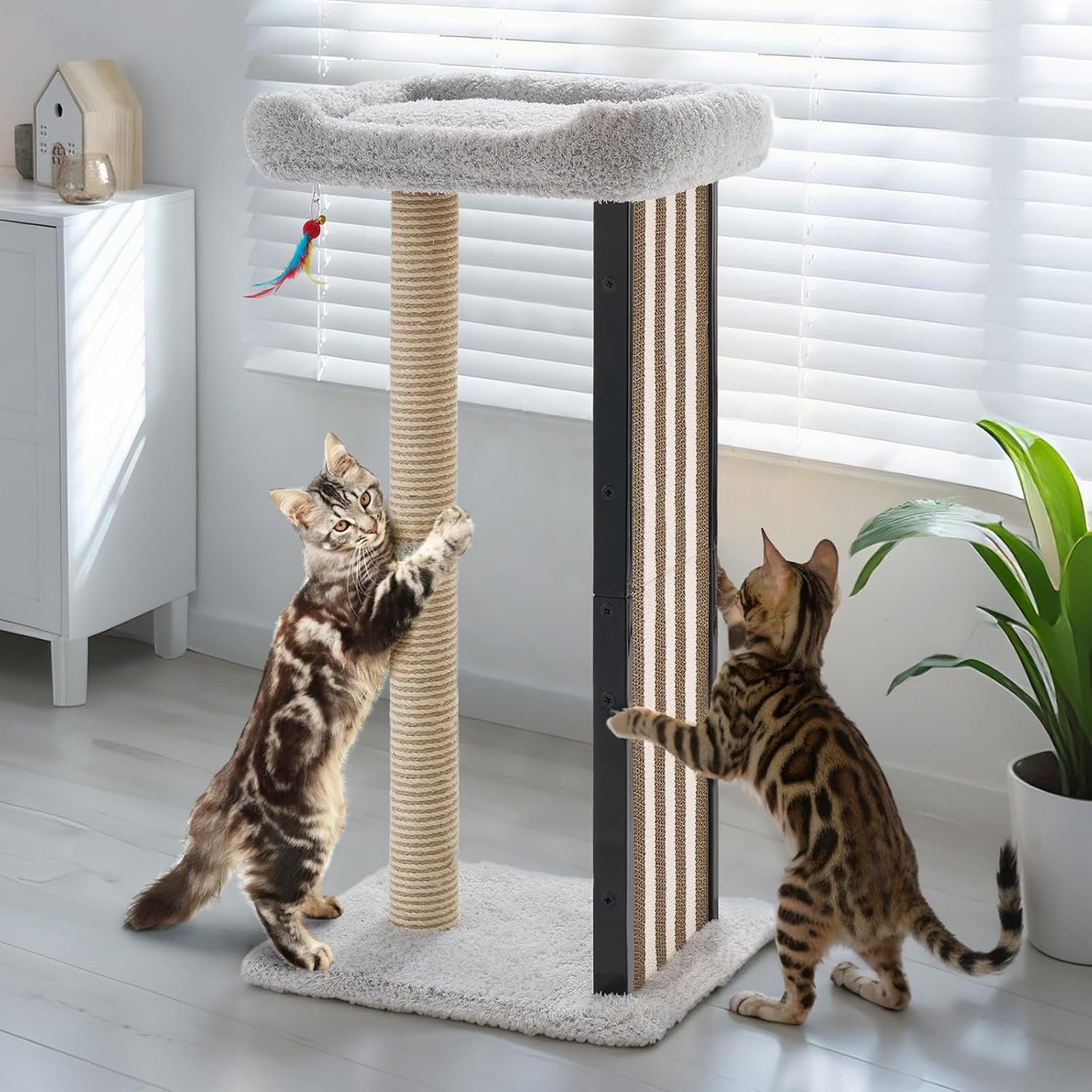 Veehoo 35″ Tall Cat Scratching Post for Indoor Cats Adult, Sturdy Cat Scratch Pad with Replaceable Metal Frame Scratching Board, Large Scratch Post with Plush Top Bed