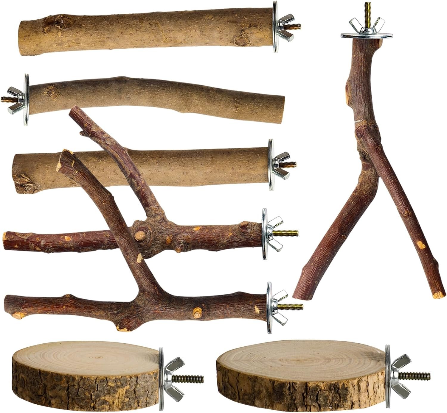 8 Pack Natural Wood Bird Perches, Parrot Perch Stand Bird Cage Accessories for Budgerigar Cockatiels, Conures, Lovebirds (M)