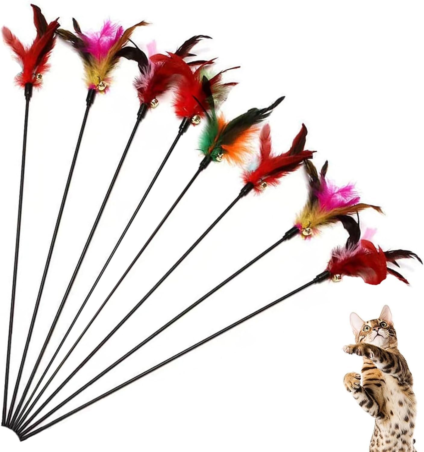 KABASI 8Pack Cat Feather Wand Toys with Bell, Natural Feather Interactive Kitten Teaser Thick Sticks for Indoor Cats