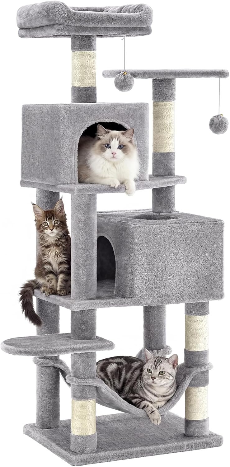 SONGMICS HOME Cat Tree for Indoor Cats, Multi-Level Cat Tower with Sisal Scratching Posts, Hammock and Condo, Light Gray