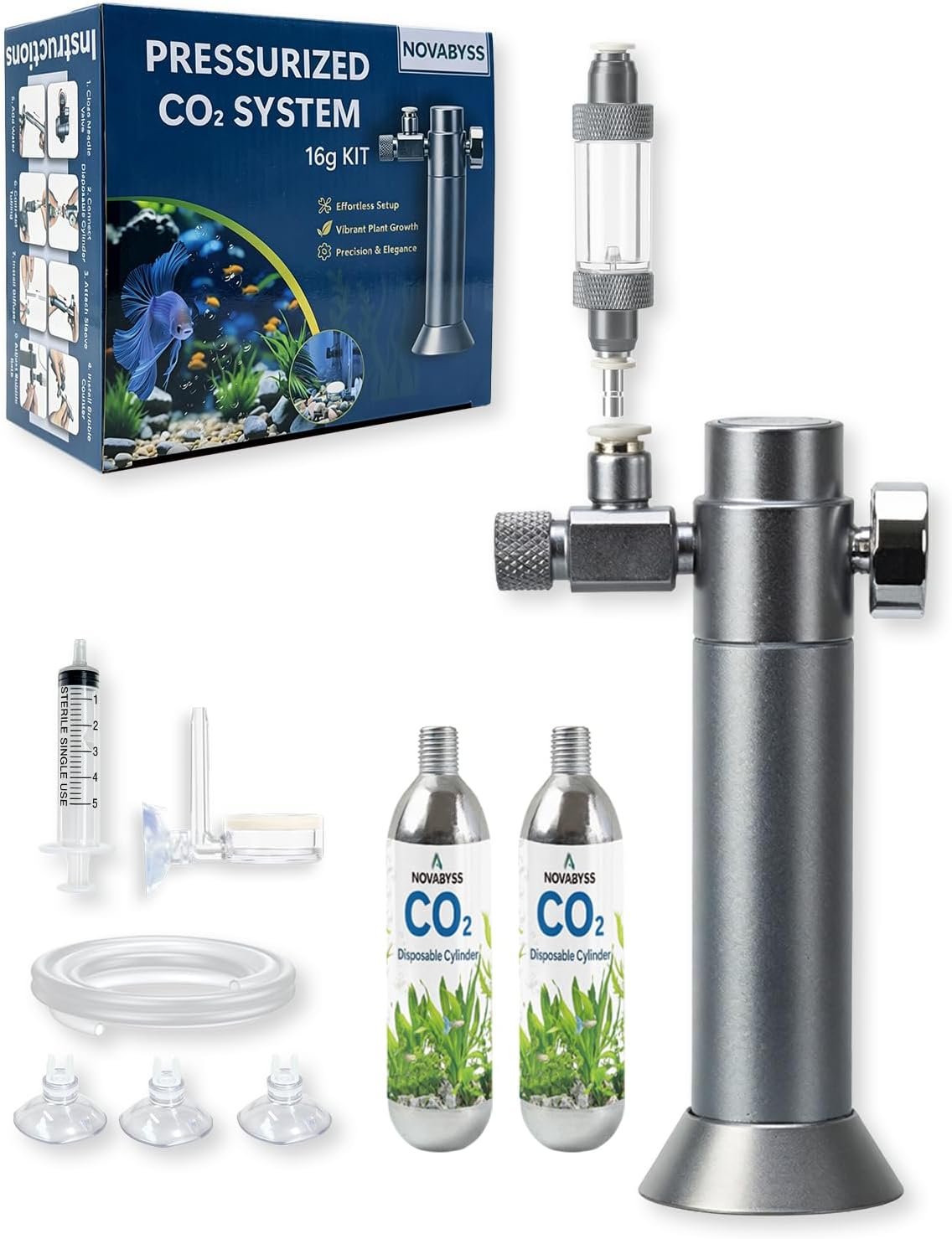 Desktop Complete Aquarium CO2 System, CO2 Regulator with 16g Disposable CO2 Cartridge(2 Pack), Aquarium CO2 kit Compatible with 3/8″ Thread for Nano Aquariums