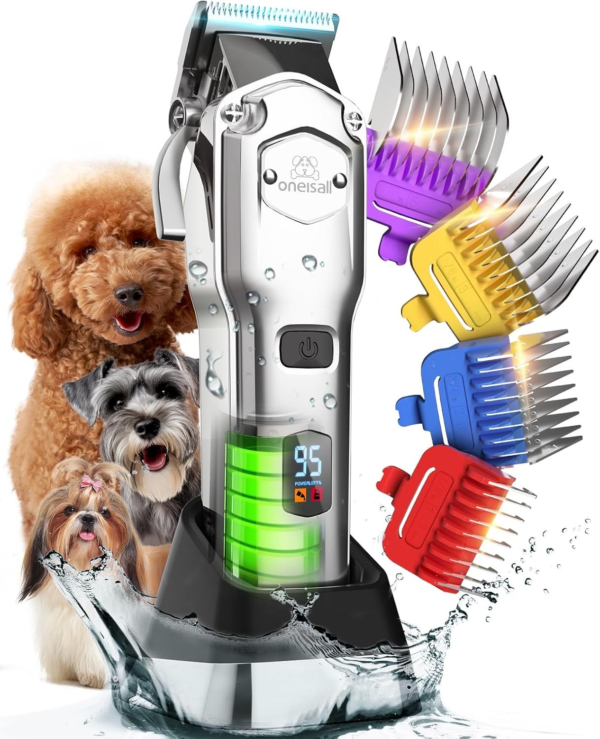 oneisall Professional Dog Grooming Clippers: Cordless Rechargeable Thick Hair Clipper with Detachable Metal Combs, Low Noise Heavy-Duty Pet Clippers for Curly/Fine/Wavy Hair, 676pro (Silver)
