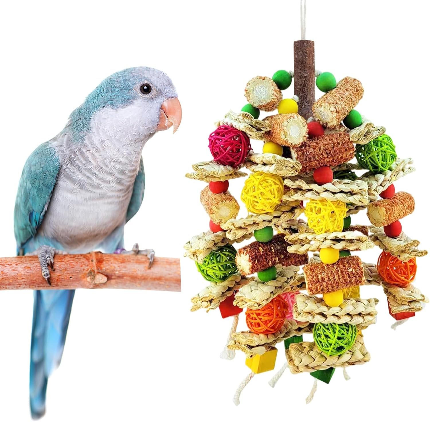 Parrot Chew Toy, Natural Material Bird Foraging Toy for Conures, Quaker Parrots, Medium-Sized Birds – Colorful Hanging Shredding Toy with Woven Ball, Corn Cob and Wooden Beads