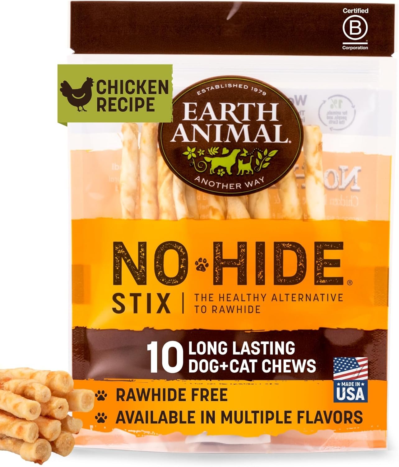 Earth Animal No Hide Stix – Long Lasting Rawhide Free Small Dog Chews Sticks, Chicken – 10 Count