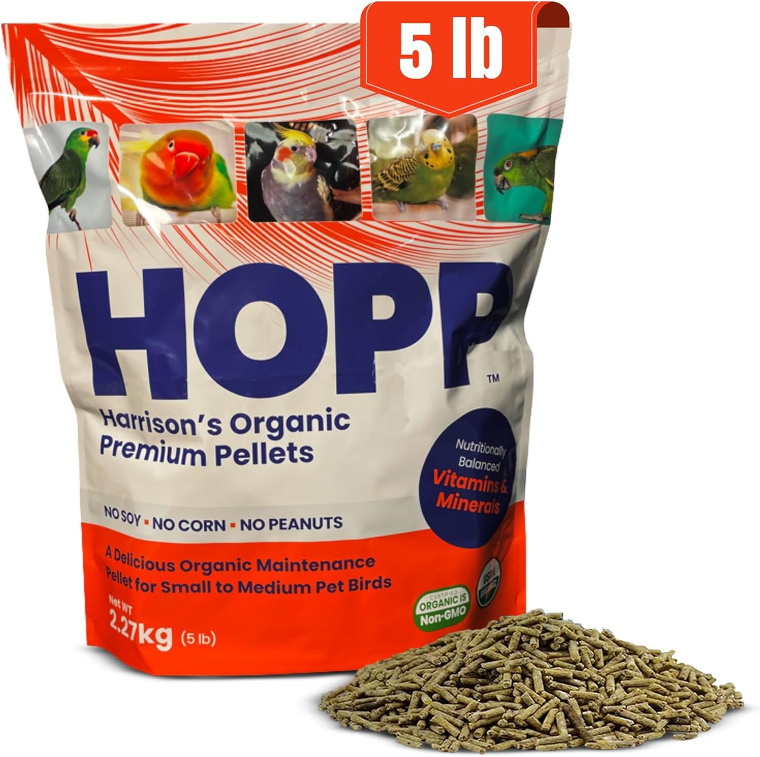Harrison’s Bird Foods HOPP Premium Pellets – Organic, Nutritionally Balanced Food for Small to Medium Pet Birds, Cold-Pressed, Low Fat, Vet-Developed, 5LB