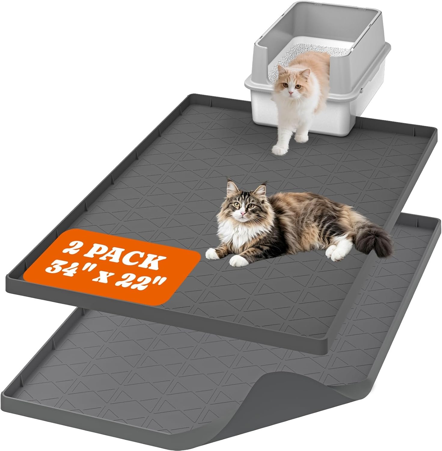 Pawtners Large Cat Litter Mat for Litter Box 2 Packs, 34″ x 22″ Waterproof Silicone Pad for Floor, Easy to Clean, Gray