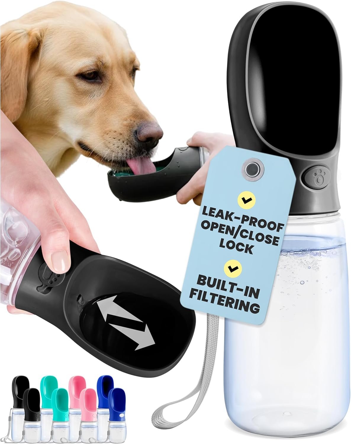 MalsiPree Dog Water Bottle – 19 Oz, Black, BPA-Free – Portable & Lightweight Water Dispenser with Bowl for Dogs – Leak-Proof for Travel, Trail Hiking, Park Visit, Camping & Beach Days