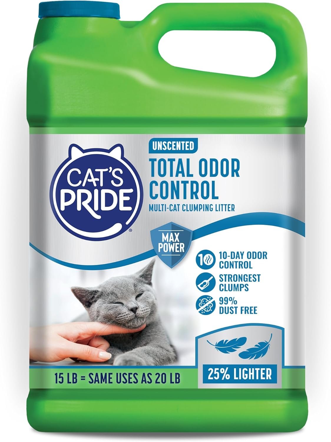 Cat’s Pride Max Power: Total Odor Control – Up to 10 Days of Powerful Odor Control – Strong Clumping – Hypoallergenic – 99% Dust Free – Multi-Cat Litter, Unscented, 15 Pounds