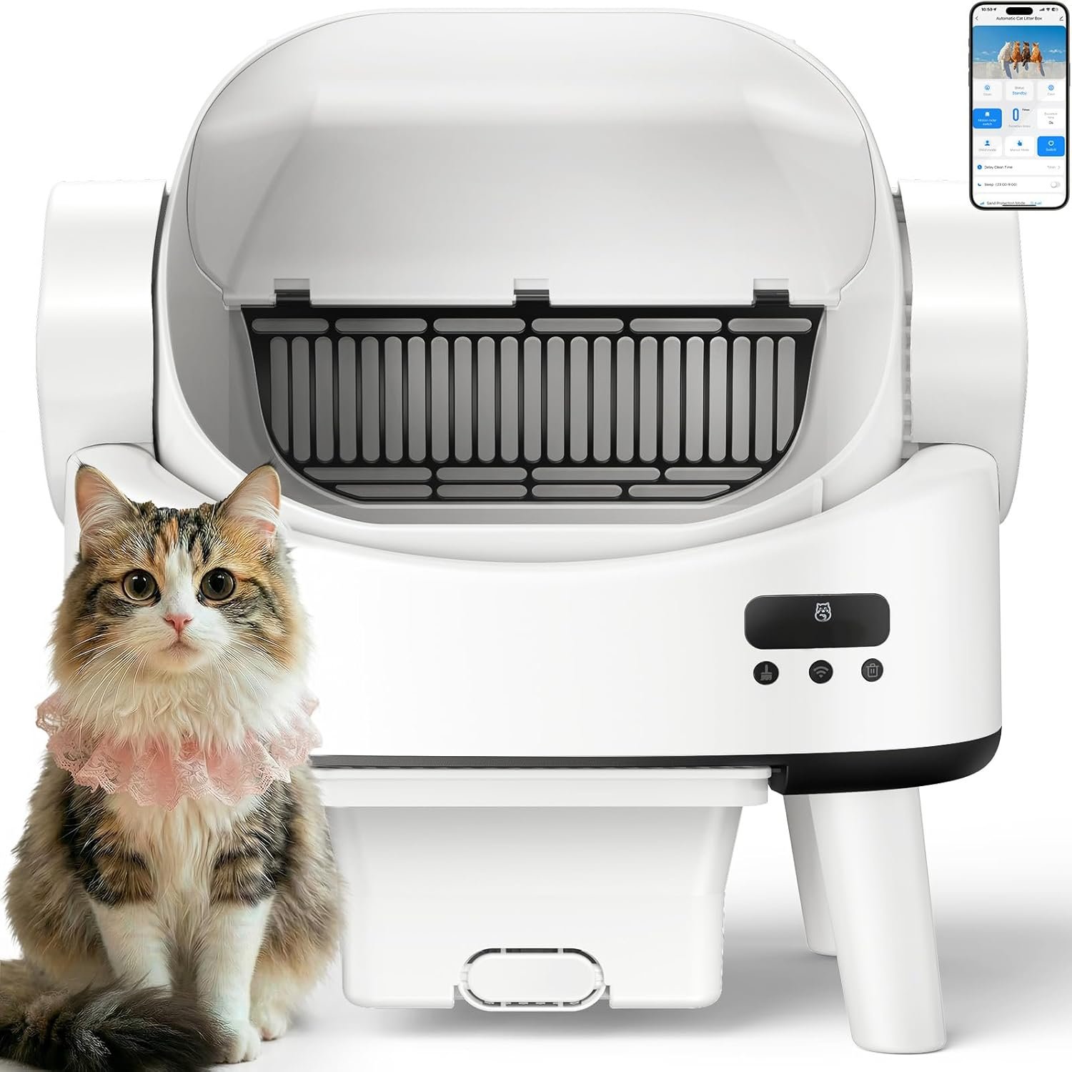 Self Cleaning Cat Litter Box for Multiple Cats, Open-Top Automatic Litter Box, App Control, Safety Sensors, Hands-Free Large Capacity 10L Waste Bin, Ultra-Quiet