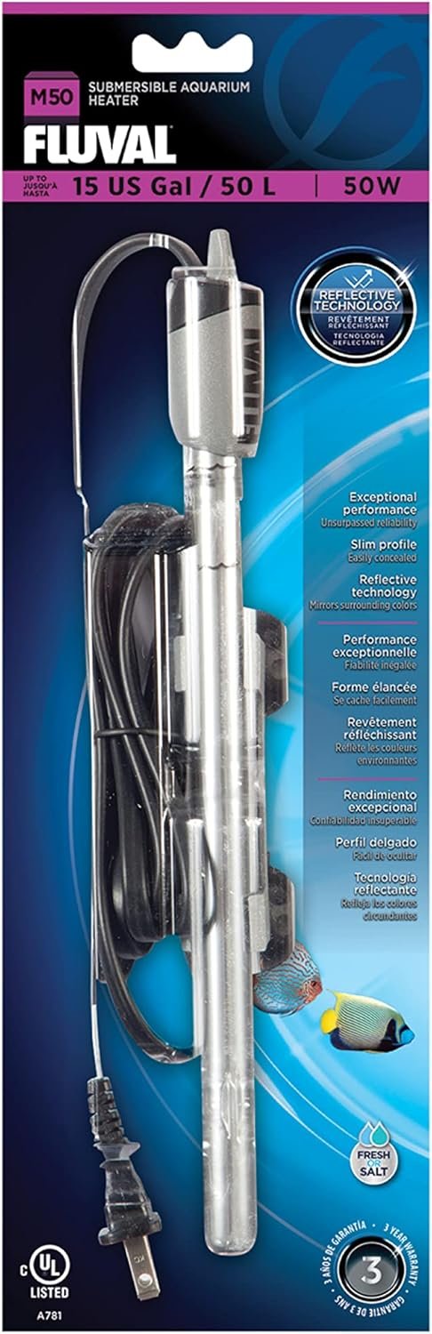 Fluval M 50-Watt Submersible Aquarium Heater – Compact, Reliable Heating with Mirror Technology for Fresh & Saltwater Tanks Up to 15 Gallons