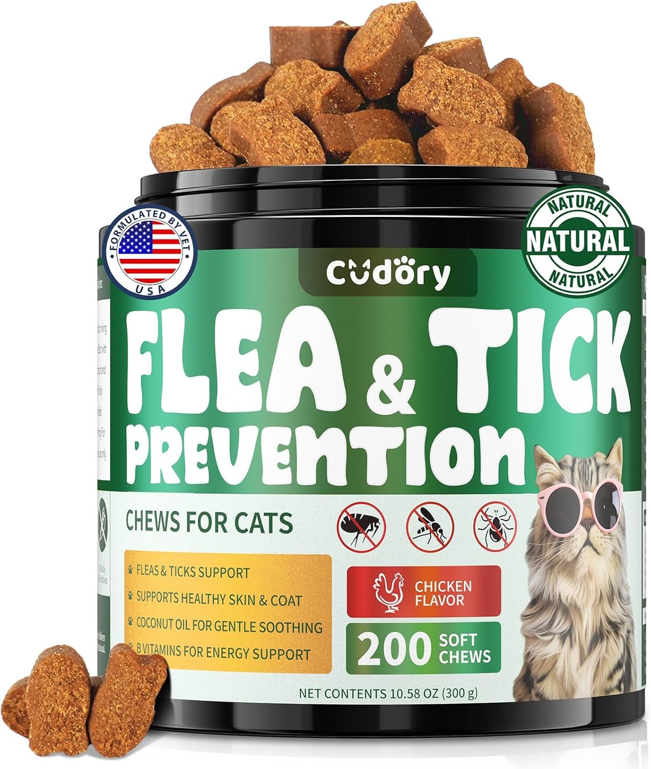 Flea and Tick Chews for Cats – 200 Soft Chews Natural Flea Tick Support for Cat All Breeds & Ages – Nourishes Skin & Coat Health – Energy Support – Chicken Flavor Soft Chew