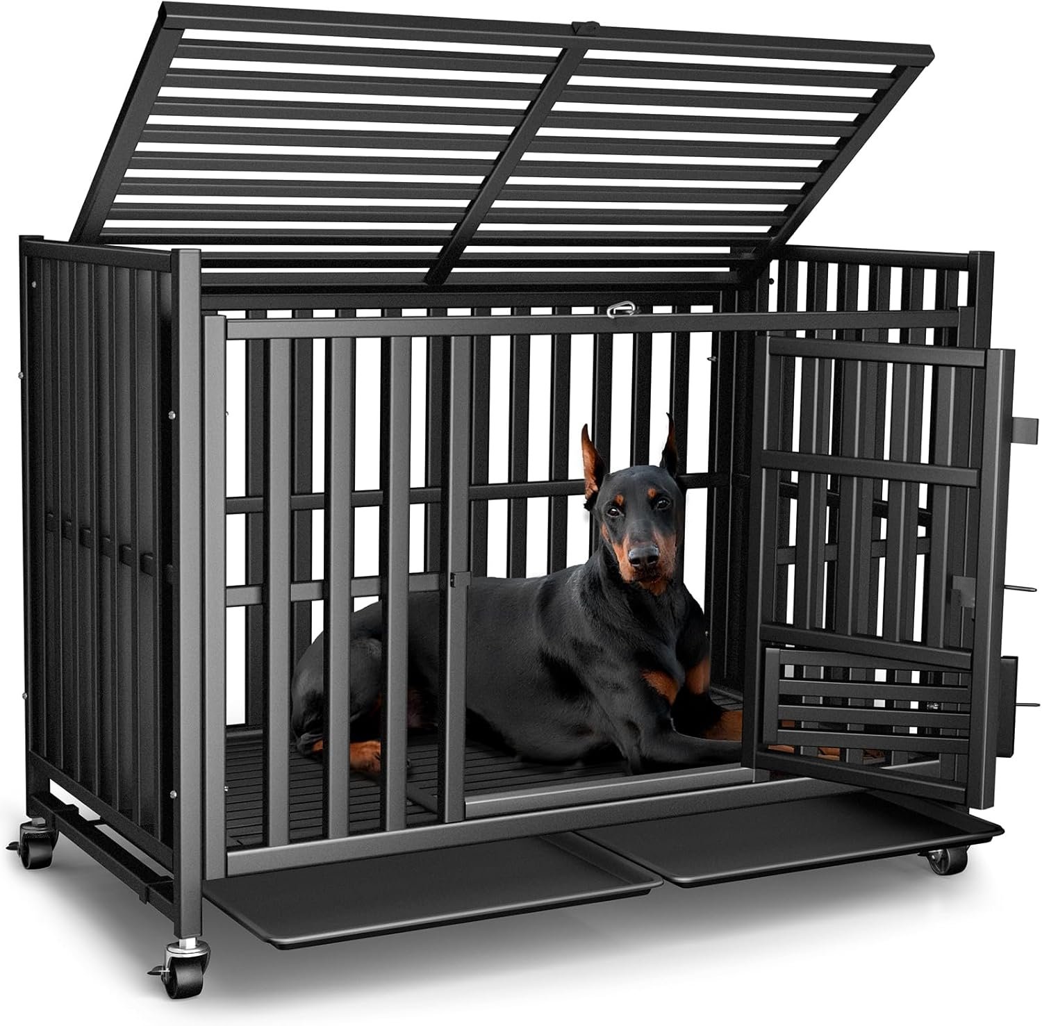 Heavy Duty Dog Crate, Escape-Proof Indestructible Cage for High-Anxiety Dogs, 3-Door Kennel with 4 Lockable Wheels and 2 Removable Trays Ideal for Large & Medium Breeds (43 Inch)