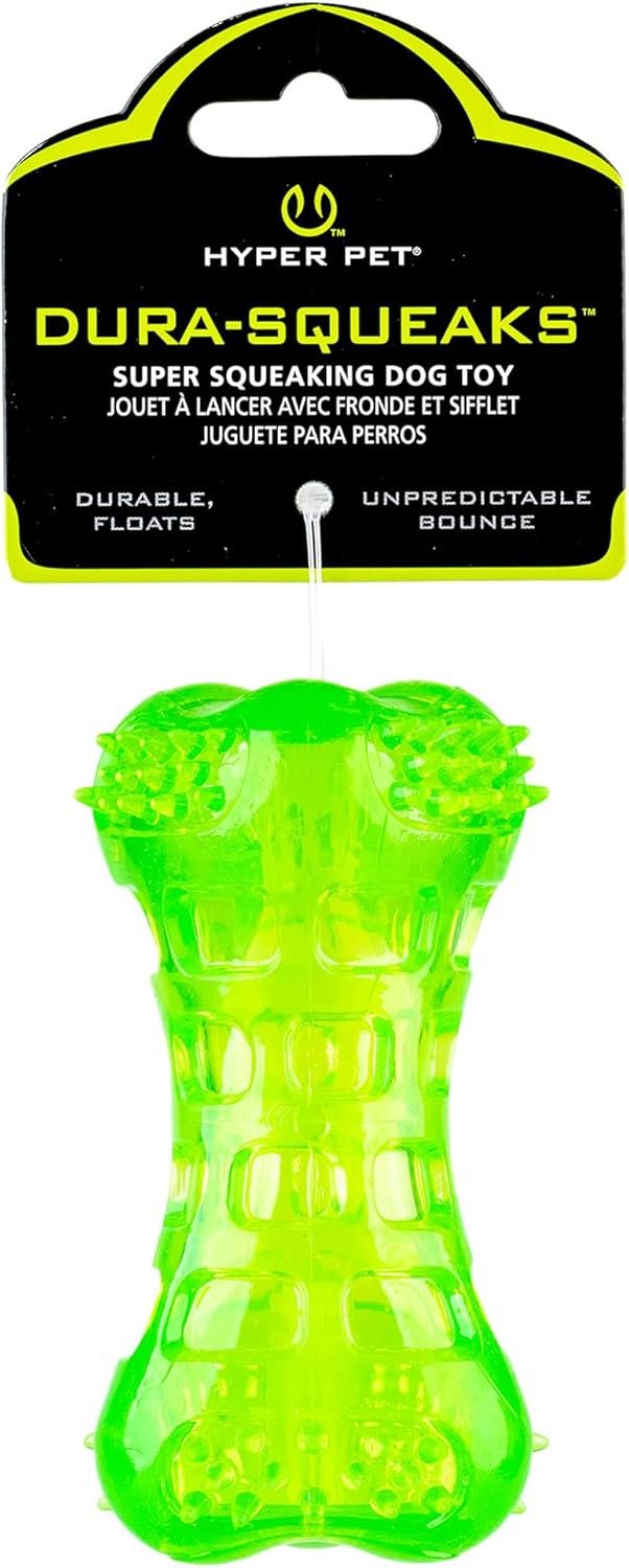 Hyper Pet Dura-Squeaks Super Squeaking Durable Floating Bouncing Dog Chew Toy, Bone, Green, Pack of 1