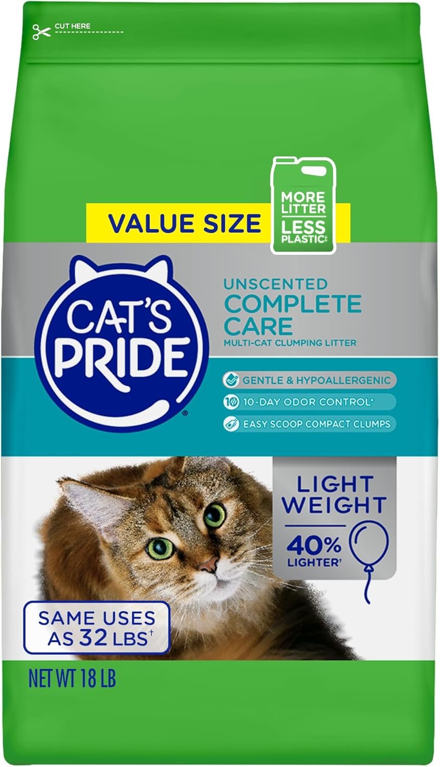 Cat’s Pride Premium Lightweight Clumping Litter: Complete Care – Up to 10 Days of Powerful Odor Control – Hypoallergenic – Multi-Cat, Unscented, 18 Pounds