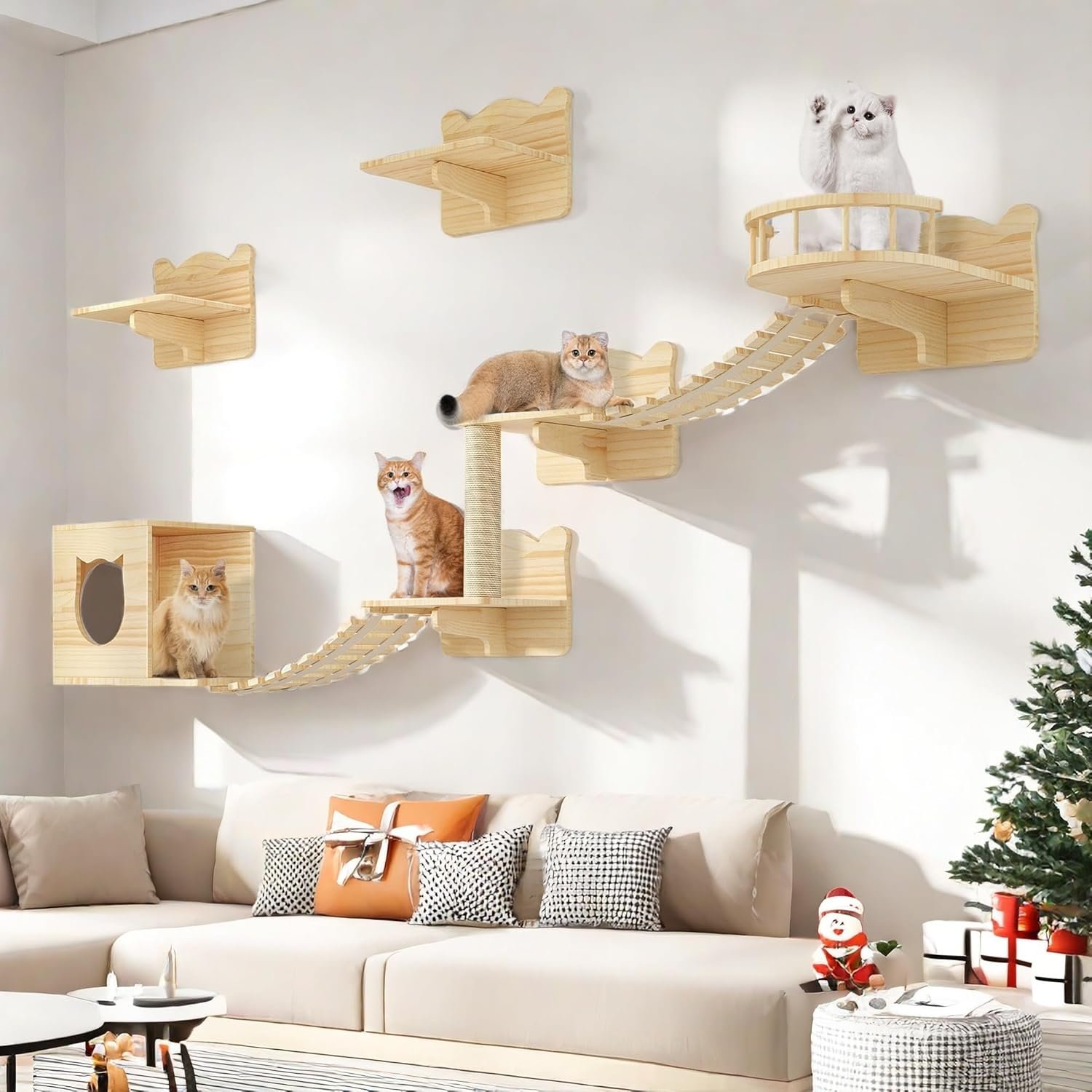 Cat Wall Shelves, 9 Piece Set Wood Cat Wall Furniture, Stable & Safe Wall Mounted Cats Shelf Furniture Set with Scratching Post, Floor Space-Saving Cat Climbing Wall Systems, Burlywood