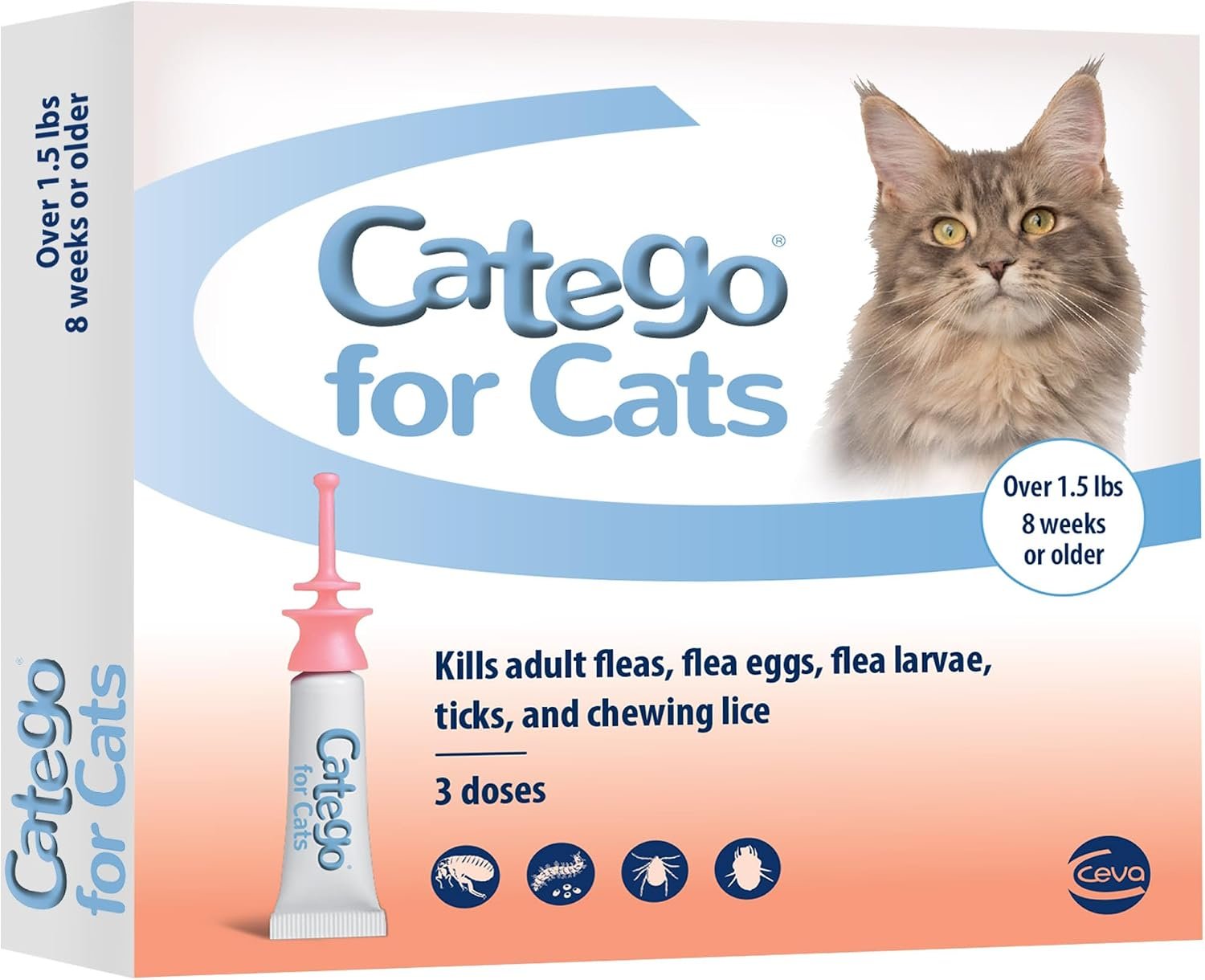 Catego Flea and Tick Prevention for Cats – Cat Flea Treatment Topical Drops, Fast Acting Flea & Tick Control Drops, Over 1.5 lbs, 3 Month Supply