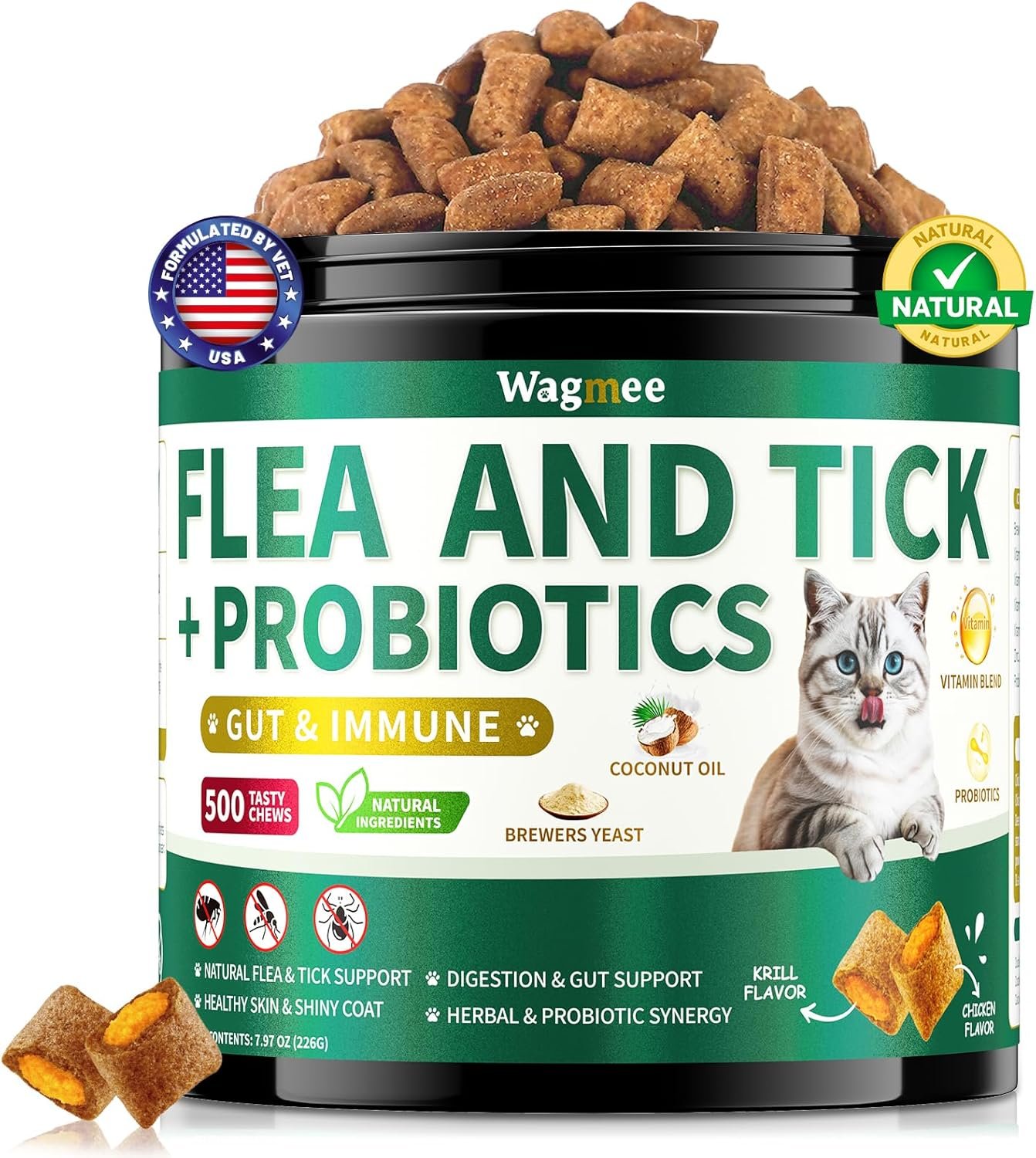 Flea and Tick Prevention for Cats Chews, 500 Crunchy & Creamy Flea Chews, Cat Flea Chewables with Probiotics – Skin & Coat Support – Fleas & Tick Supplement for Cats Kittens – Natural Chicken Flavor