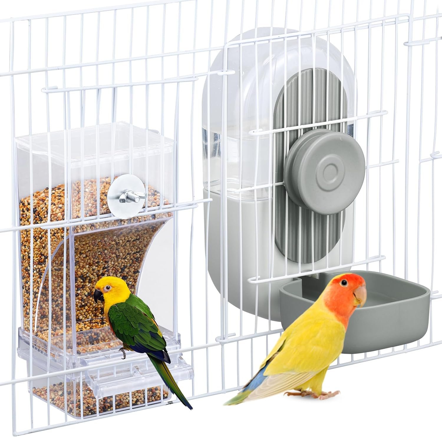 Lemtrflo No Mess Bird Feeder & Water Dispenser Set – Automatic Feeding & Hydration, Parakeet Cage Accessories for Parrots, Cockatiels, Finches, Lovebirds & Budgies
