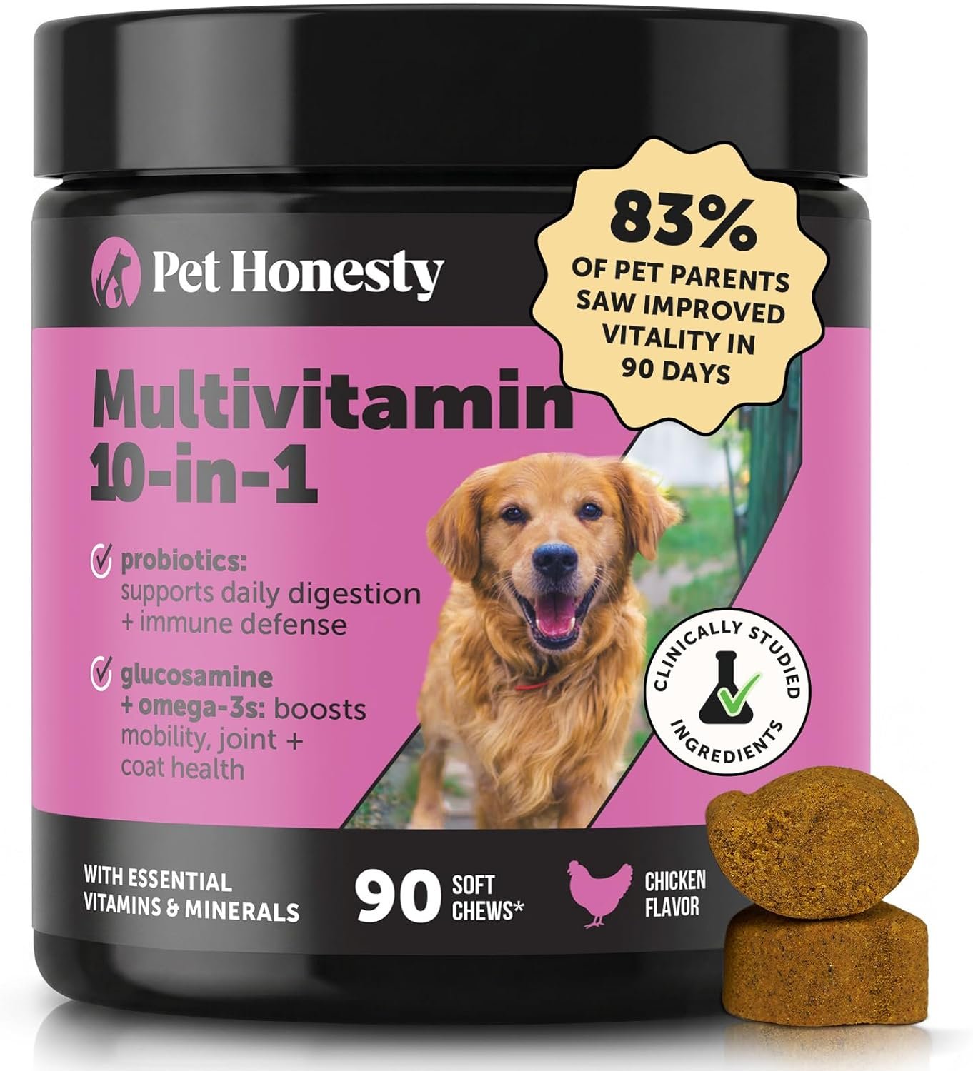 10-in-1 Dog Multivitamin Supplement with Glucosamine & Probiotics – Hip & Joint Support, Digestive Health, Immune Support, Heart & Skin – All-in-One Daily Vitamins & Omega-3s for Dogs (Chicken, 90 Ct)