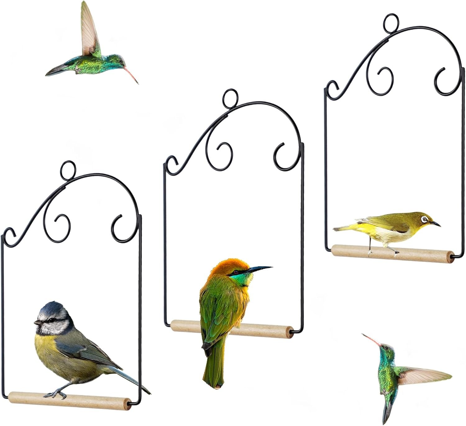 winemana Set of 3 Hummingbird Swings, Rust Resistant Metal Frame, Wooden Dowel, Attach to Bird Feeders, Perfect for Hanging Indoor Office Outdoor Trunk Lawn Patio Garden (7.5″ x 5.6″)