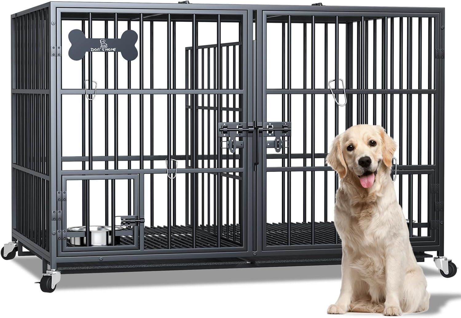 Dosker 42 inch Heavy Duty Metal Dog Crate with Divider for 2 Dogs/Large Dog, All Metal Open Top Escape Proof Cage, Indoor Dog Kennel with Wheels, Floor Grid, Tray, Feeding Bowl