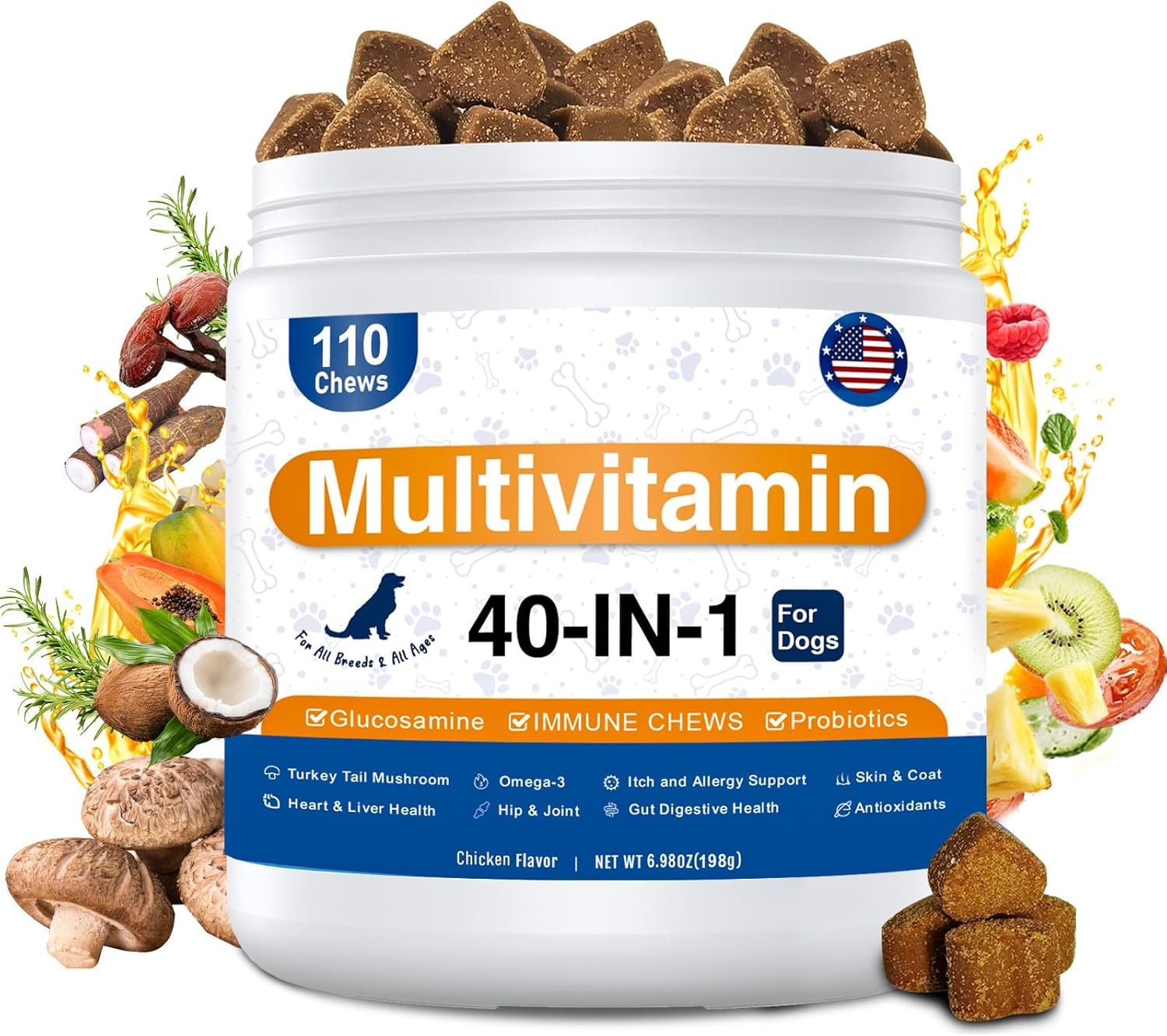 Dog Multivitamin, 40-in-1 Dog Vitamins and Supplements Chewable Contain Probiotics Omega-3 Glucosamine, Multivitamin for Dogs Skin Coat Heart Joint Liver Brain Eyes Immune Support (110ct)