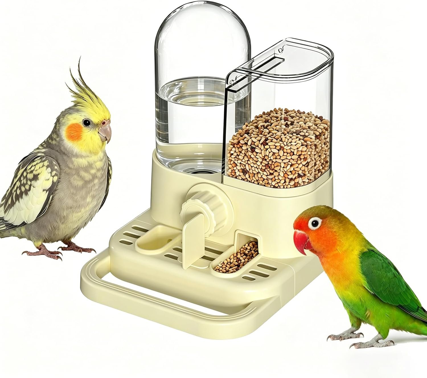 2-in-1 Automatic Bird Feeder and Waterer for Cage,Bird Water Dispenser 8.45oz and No Mess Seed Feeder 10.58oz with Removable Divider & Perch for Parakeets,Cockatiels,Conures,Lovebirds
