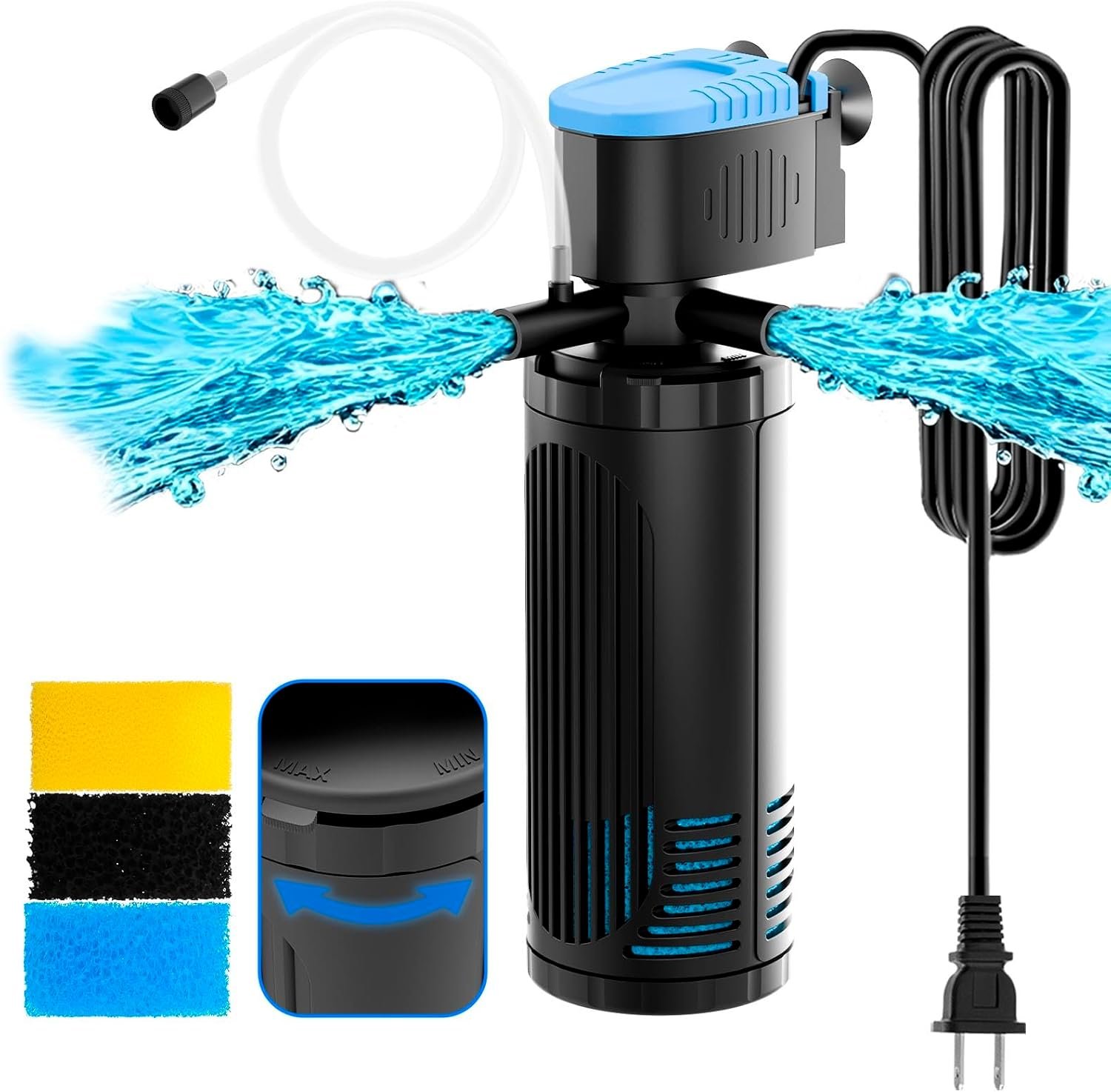 AquaMiracle 225GPH Internal Aquarium Filter, 3-Stage Fish Tank Filter with Dual Outlets & Aeration, Water Flow Adjustable Turtle Filter for 20-70 Gallon Tanks