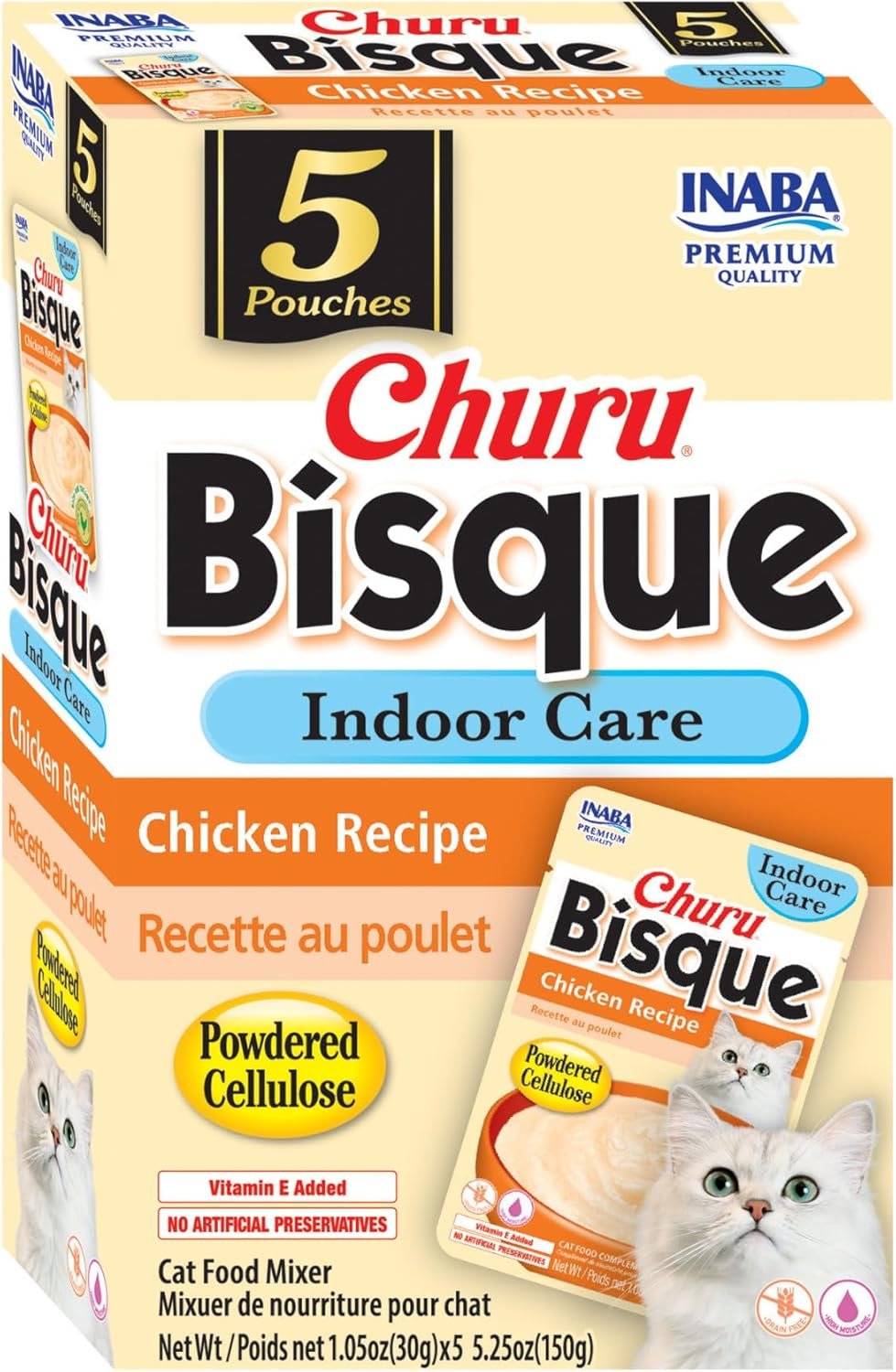 INABA Churu Bisque Indoor Care for Hairball Control for Cats, Creamy Lickable Purée Side Dish with Vitamin E, 1.05 Ounce Pouch, 15 Pouch, Chicken Recipe