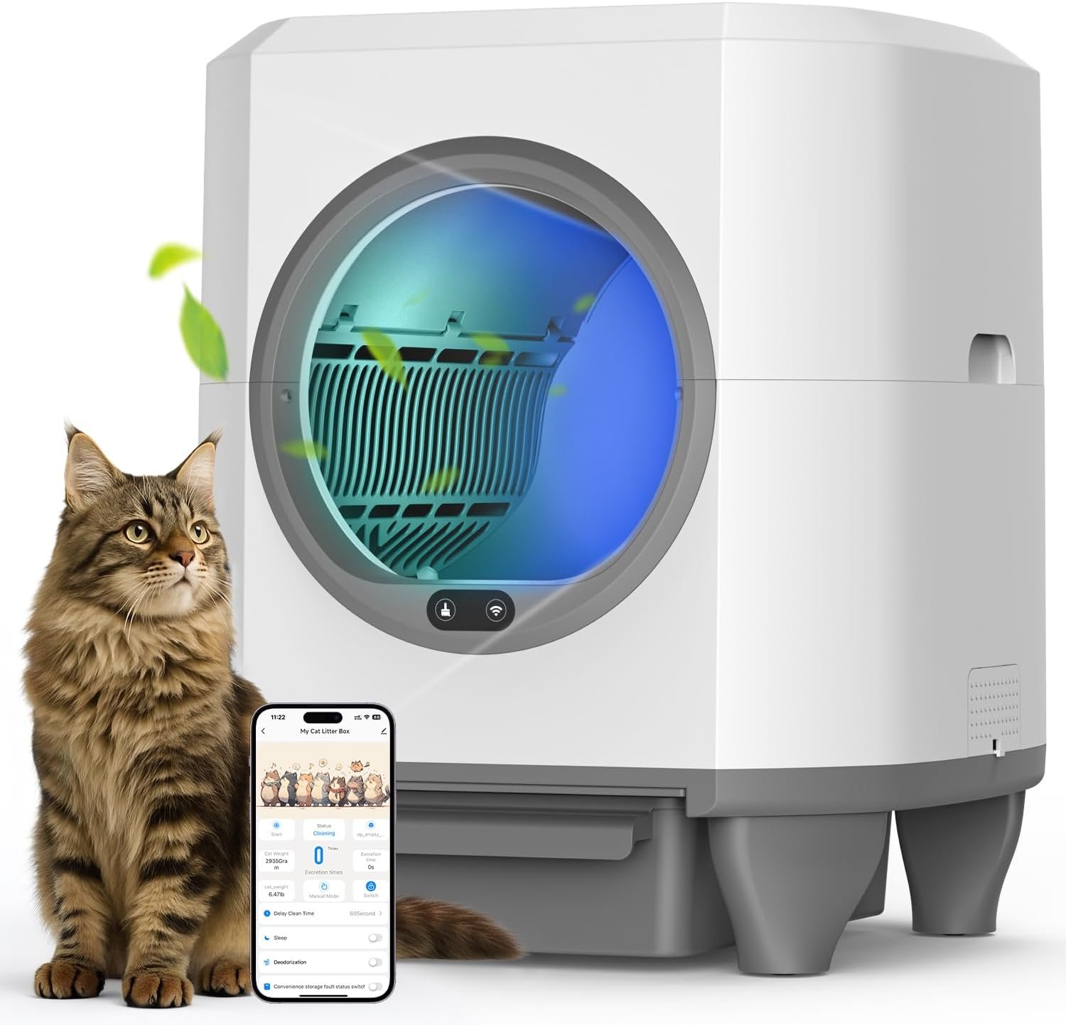 Self Cleaning Litter Box, Large Capacity Automatic Cat Litter Box with APP Control, Safety Sensors, Built-in Deodorizing Scent Box, and 1 Roll Garbage Bags,White