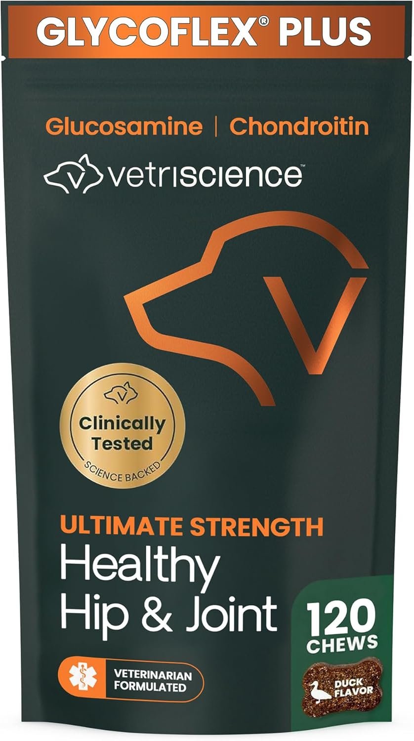 VetriScience Ultimate Strength Hip & Joint Supplement for Dogs – Supports Joint Health & Mobility, Vet-formulated w/Glucosamine, Chondroitin, MSM & Green-Lipped Mussel –Duck Flavor, 120 Chews