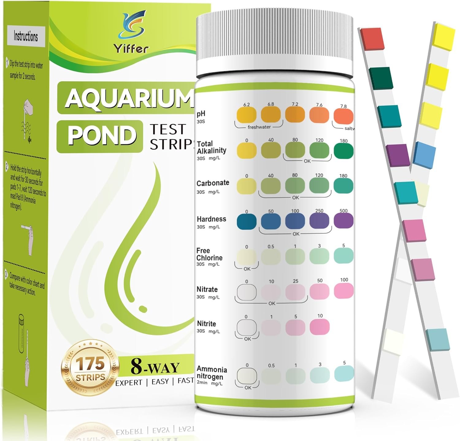 175-Count 8-Way Aquarium Test Strips with Ammonia-Accurate Test Ammonia,pH, Total Alkalinity, Carbonate, Hardness, Free Chlorine, Nitrate and Nitrite for Fish Tanks & Ponds