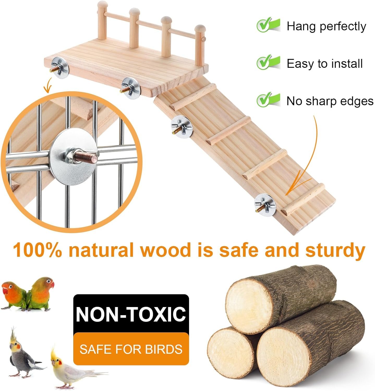 Wooden Bird Habitat Platform with Swing and Ladder – Sturdy Long Tailed Parrot cage Accessory, Suitable for Exercising and Entertaining Bird Games Gym – Perfect for Parrots, Canaries, Sparrows
